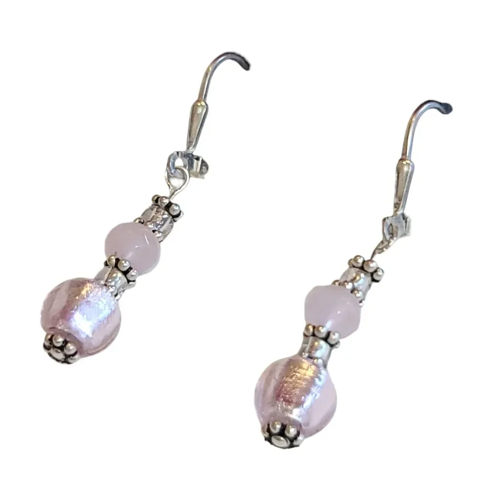 Vintage Sterling Silver 925 Shimmer Pink Bead Dangle Drop Earrings